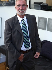 Older businessman undress his suit and show us his hairy rod