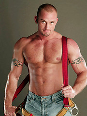 Straight worker gives his tool into bald head