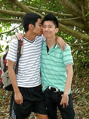 Asian gay boy getting facial cumshot from two friends