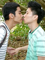 Asian gay boy getting facial cumshot from two friends