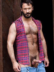 Muscled guy with hairy chest bares his sexy body